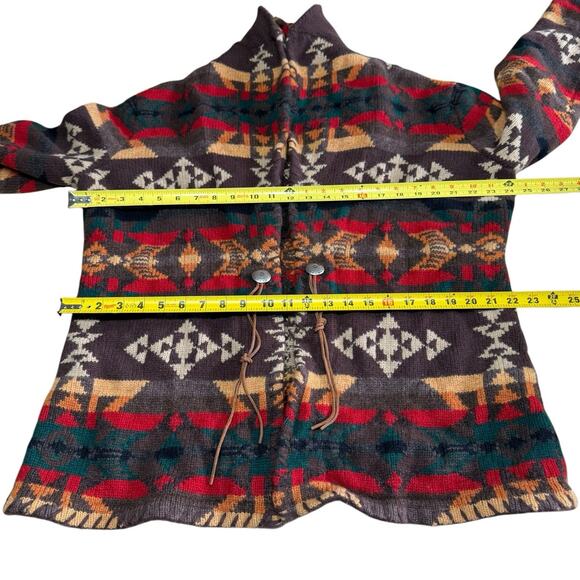 Vtg Ralph Lauren Hand Knit Aztec Southwestern Long Cardigan Concho Lambswool L - Picture 8 of 10